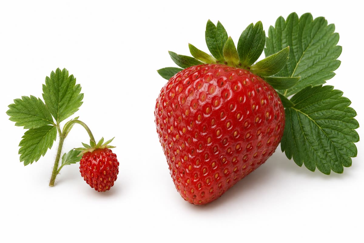 A wild diploid strawberry and the cultivated octoploid: the polyploid, with four times the DNA in every cell, is the larger plant with the larger fruit.