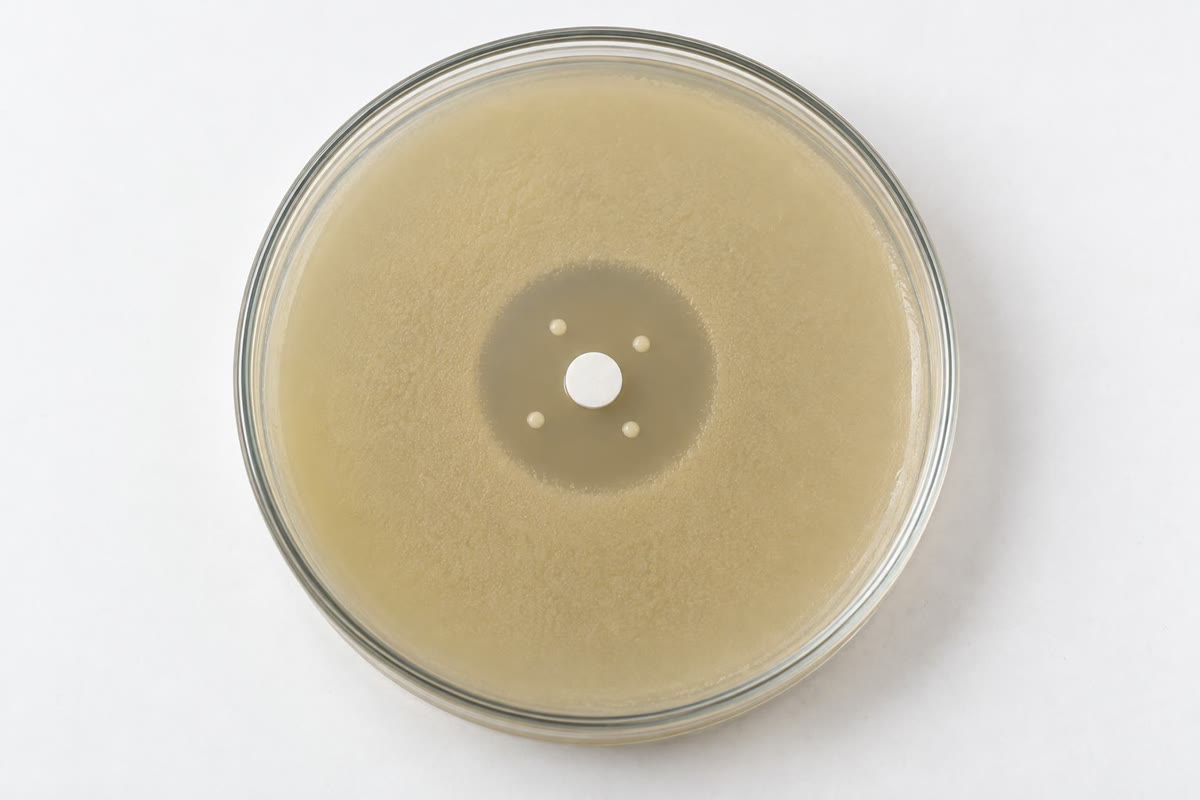 An antibiotic disc on a lawn of bacteria: the clear zone is where the drug diffusing from the disc has killed the sensitive cells, and the colonies inside it grew from resistant mutants that were present before the disc was laid down.