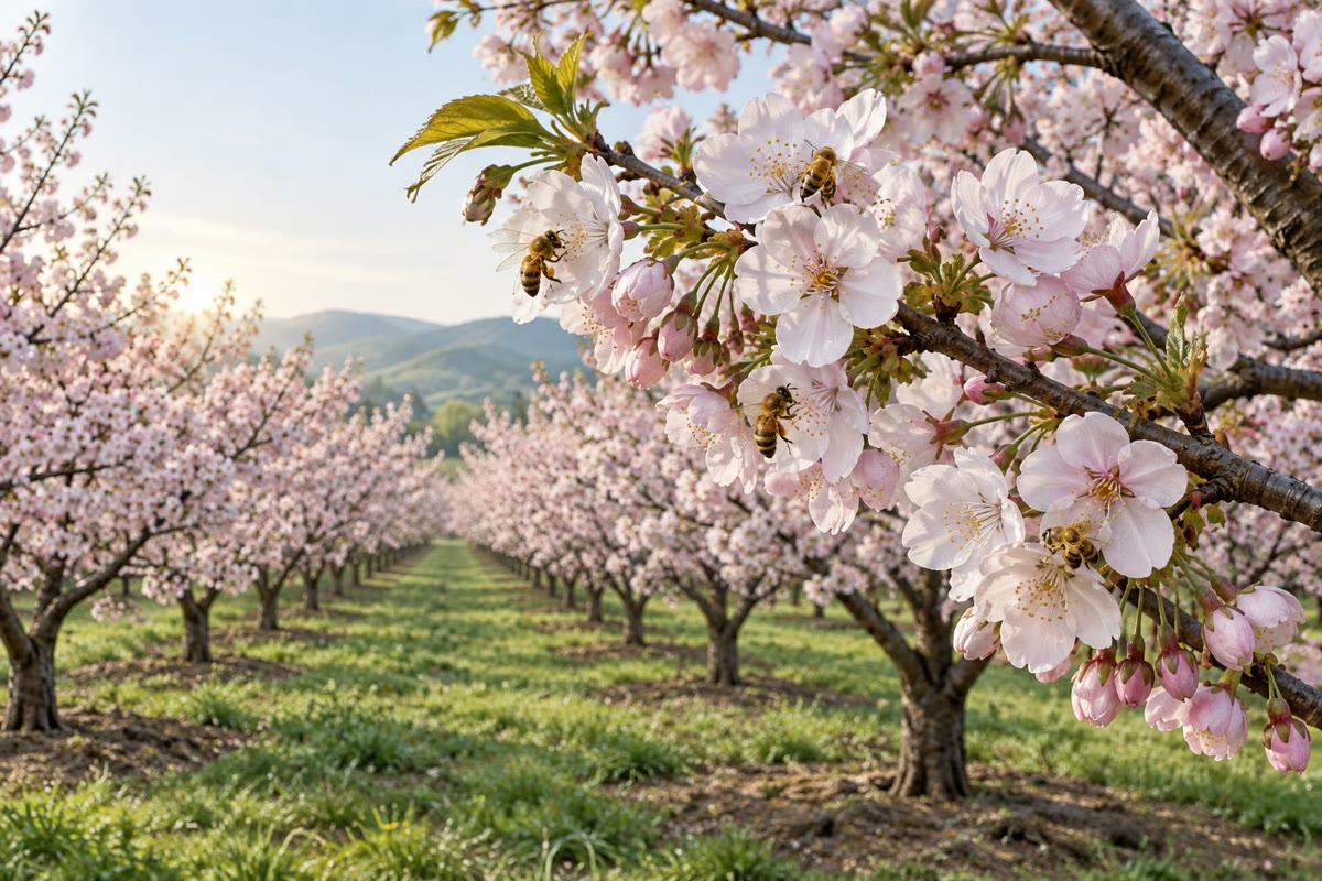 Un verger de cerisiers en fleurs. Les cerisiers de Kyoto, datés dans des journaux depuis douze siècles, s’ouvrent aujourd’hui plus tôt qu’en aucune année d’avant 1900 — et les abeilles qui les pollinisent doivent voler le même jour.