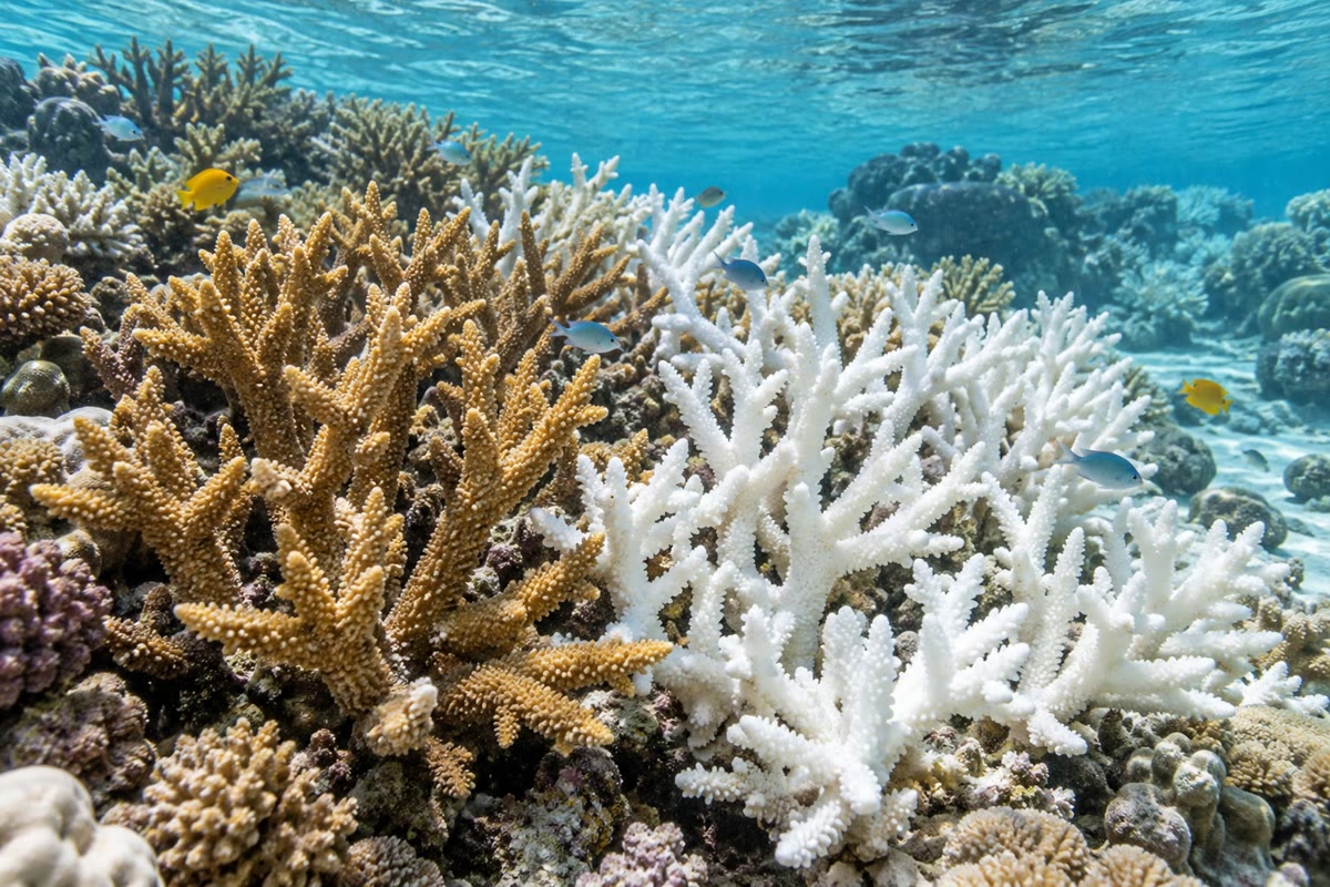 Deux thermomètres. À gauche : un récif blanchi, le squelette blanc du corail apparaissant à travers des tissus qui ont perdu leurs algues. À droite : un glacier de vallée qui a reculé vers l’amont, laissant la roche nue là où se trouvait la glace il y a un siècle.
