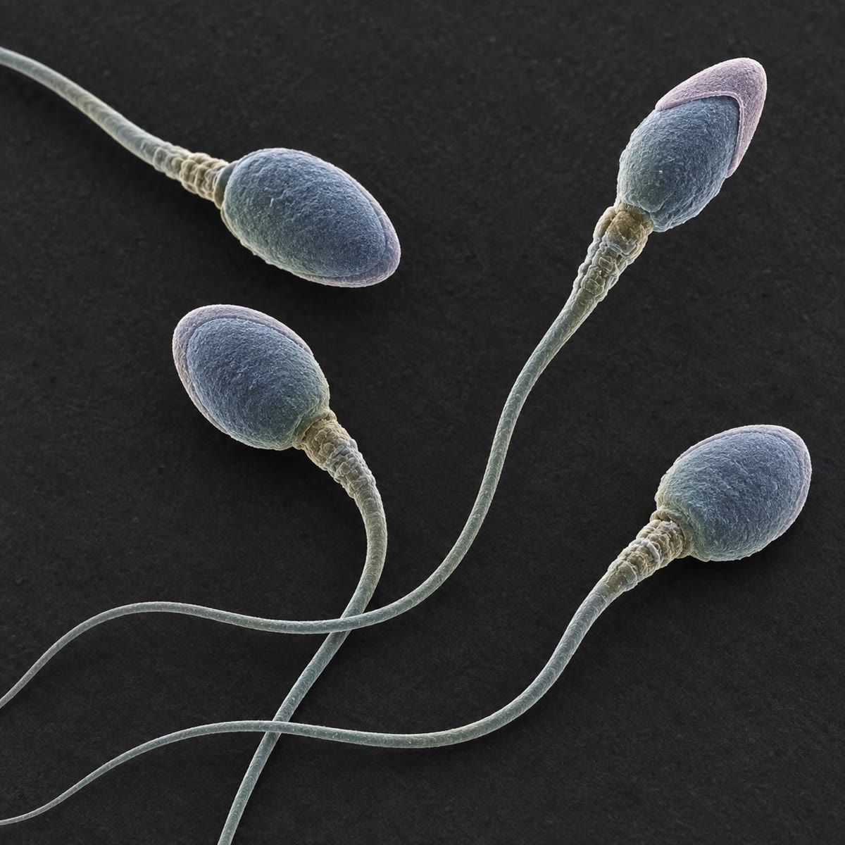 Izquierda: túbulos seminíferos en sección, con las células germinales dispuestas en capas desde la pared hasta la luz. Derecha: espermatozoides al microscopio electrónico de barrido, con el capuchón acrosómico visible en las cabezas.