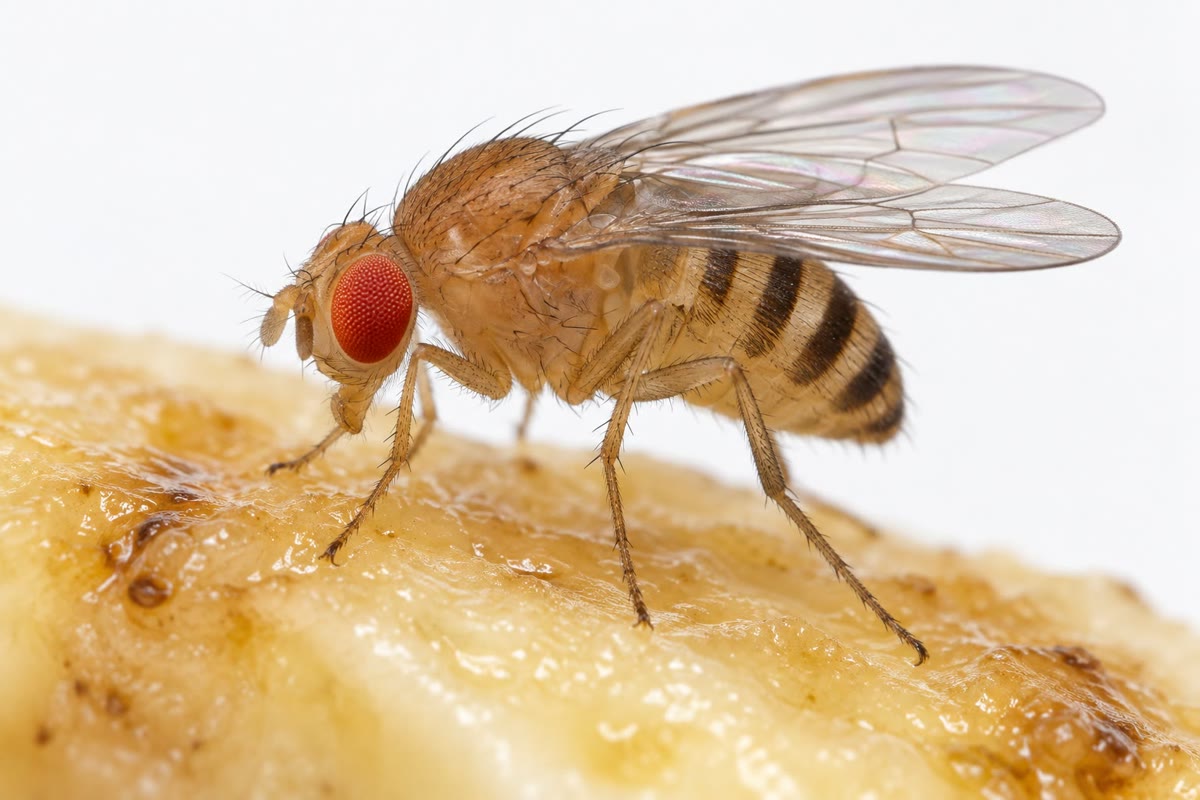 Drosophila melanogaster: dos semanas por generación, cientos de descendientes, cuatro pares de cromosomas y un siglo de mutantes — el organismo con el que se descifraron el ligamiento, los mapas y la herencia ligada al sexo.