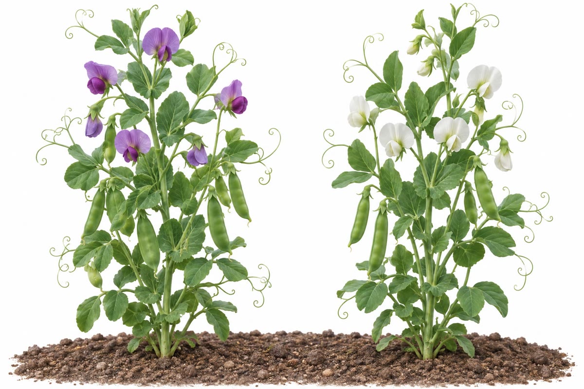 Plantas de guisante de flor púrpura y de flor blanca: uno de los siete pares de caracteres sobre los que Mendel fundó la genética. El híbrido de flor púrpura, autofecundado, da unas tres púrpuras por cada blanca.