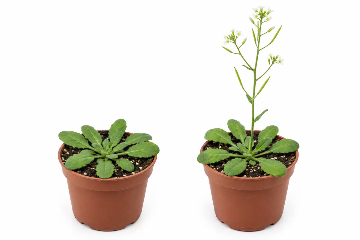 Arabidopsis, यानी कोई दीर्घदिवसी पौधा: छोटे दिनों में पत्तियों का एक चक्रक; और लंबे दिनों में ले जाने पर वह सप्ताहों में तना खींचकर फूल जाता है।