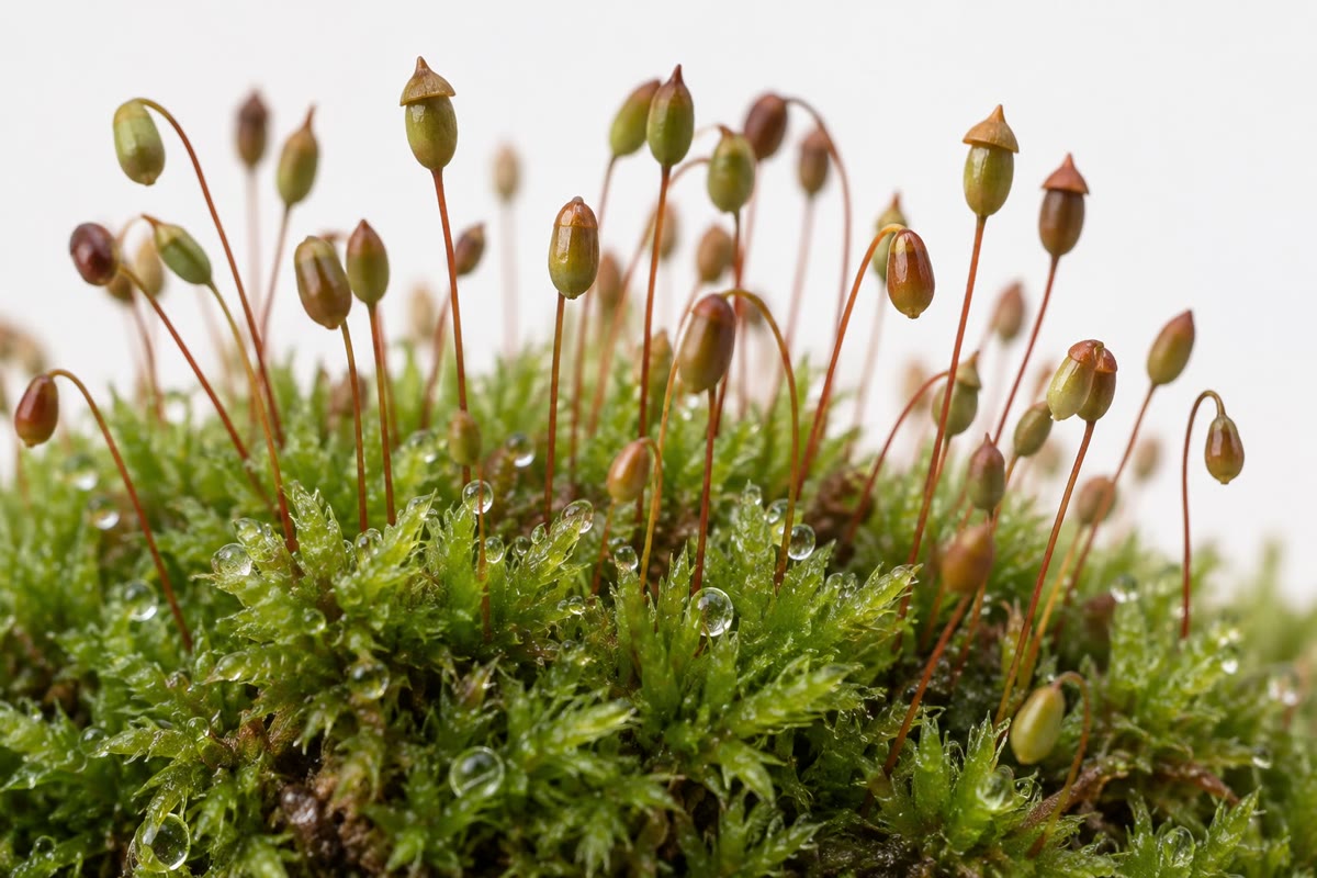 Un cojín de musgo en primavera: los tallitos verdes son los gametofitos, y cada pedicelo rojizo con su cápsula es un esporofito nacido de una oosfera fecundada, todavía unido al tallo que produjo la oosfera.