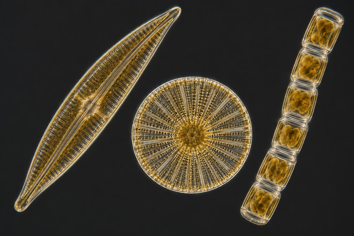 Kiezelwieren in donkerveldmicroscopie: elke cel leeft in een tweekleppige schaal van kiezelzuur, met een patroon van poriën waardoor ze met het water uitwisselt.