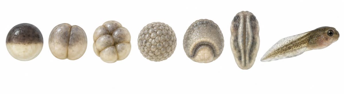 De ontwikkeling van een kikker vanaf het bevruchte ei: klieving tot een blastula, gastrulatie, de neurula met haar neurale plooien, en het kikkervisje — alles in enkele dagen, zonder groei.