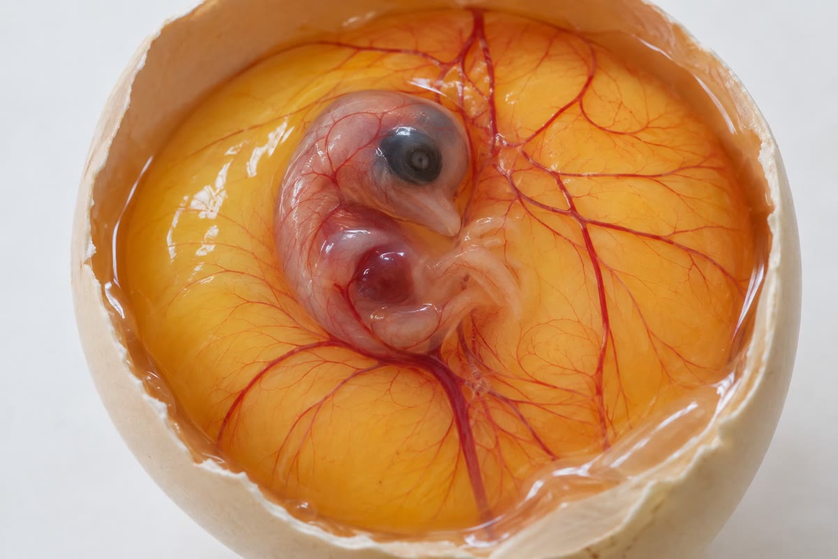 Links: een zebravisembryo van één dag oud in zijn chorion, opgekruld rond zijn dooier, met oog, hersenen en een rij somieten. Rechts: een kuikenembryo van drie dagen op zijn dooier, met een hart dat al klopt en bloedvaten die zich over de dooier uitspreiden om het te voeden.