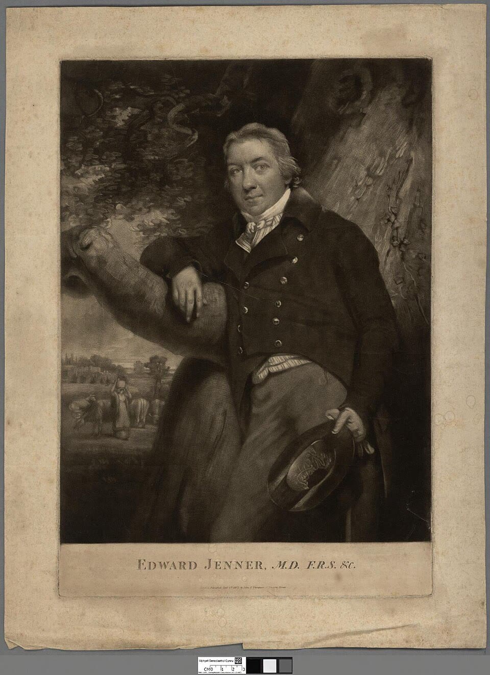 إدوارد جينر، الذي حمى صبيًا عام 1796 من الجدري بجدري البقر فأسس التلقيح (نقش من 1807، ملكية عامة). ويمينًا: الفعل نفسه بعد قرنين — لقاح عضلي ستحمل الخلايا التغصنية في الدالية مستضده إلى العقد اللمفية الإبطية.