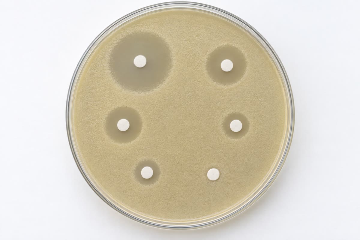 Left: a dense culture of Vibrio fischeri glowing, beside a dilute one that is dark — the same cells, above and below their quorum. Right: a disk-diffusion test; the diameter of each clear zone measures the bacterium’s sensitivity to the antibiotic on that disc, and the disc with no zone marks a resistance.