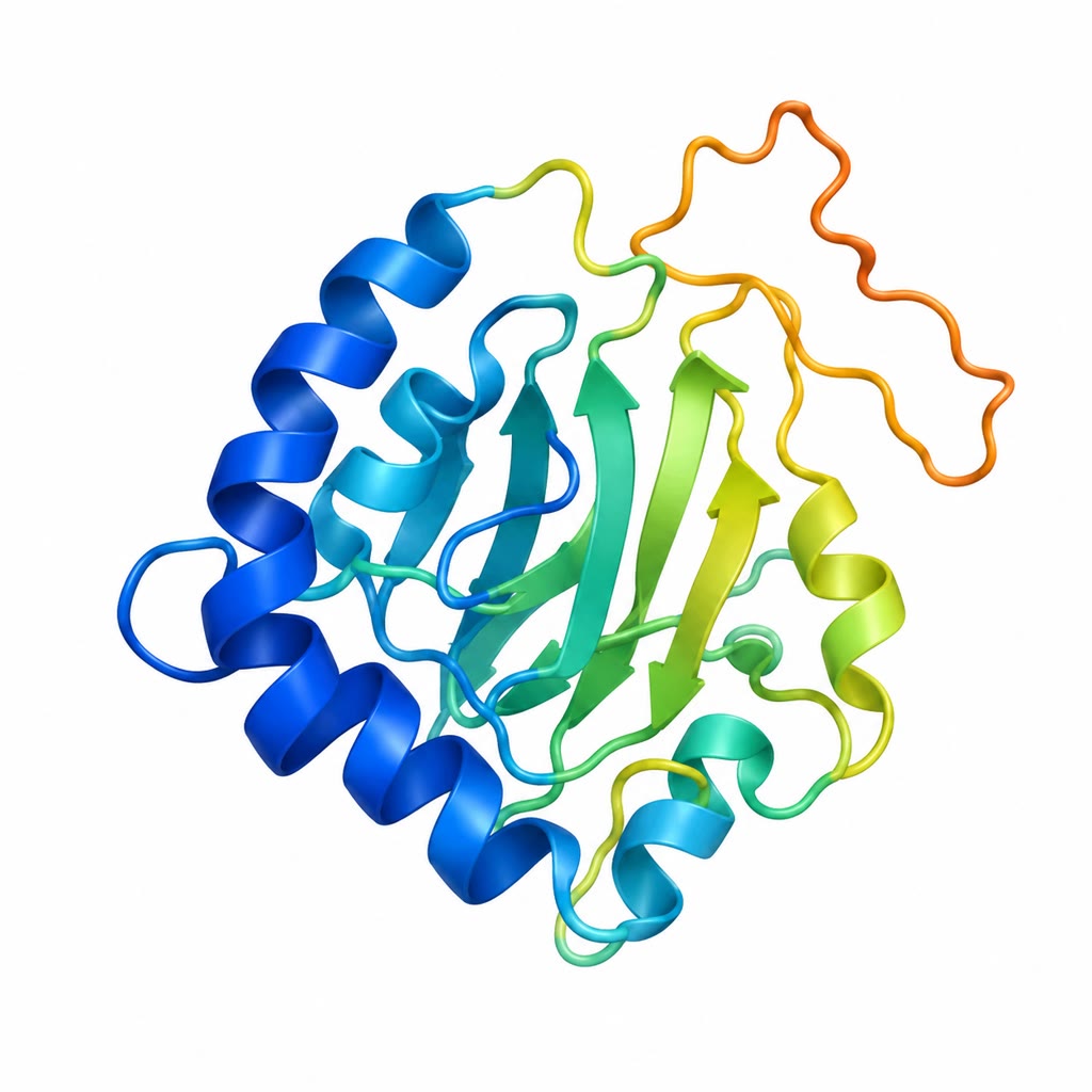 À esquerda: uma estrutura proteica prevista, colorida pela confiança do modelo, de alta (azul) a baixa (laranja) numa alça desordenada. À direita: um escritório de bioinformática — navegadores de genomas e árvores nas telas, e nenhuma bancada úmida à vista.