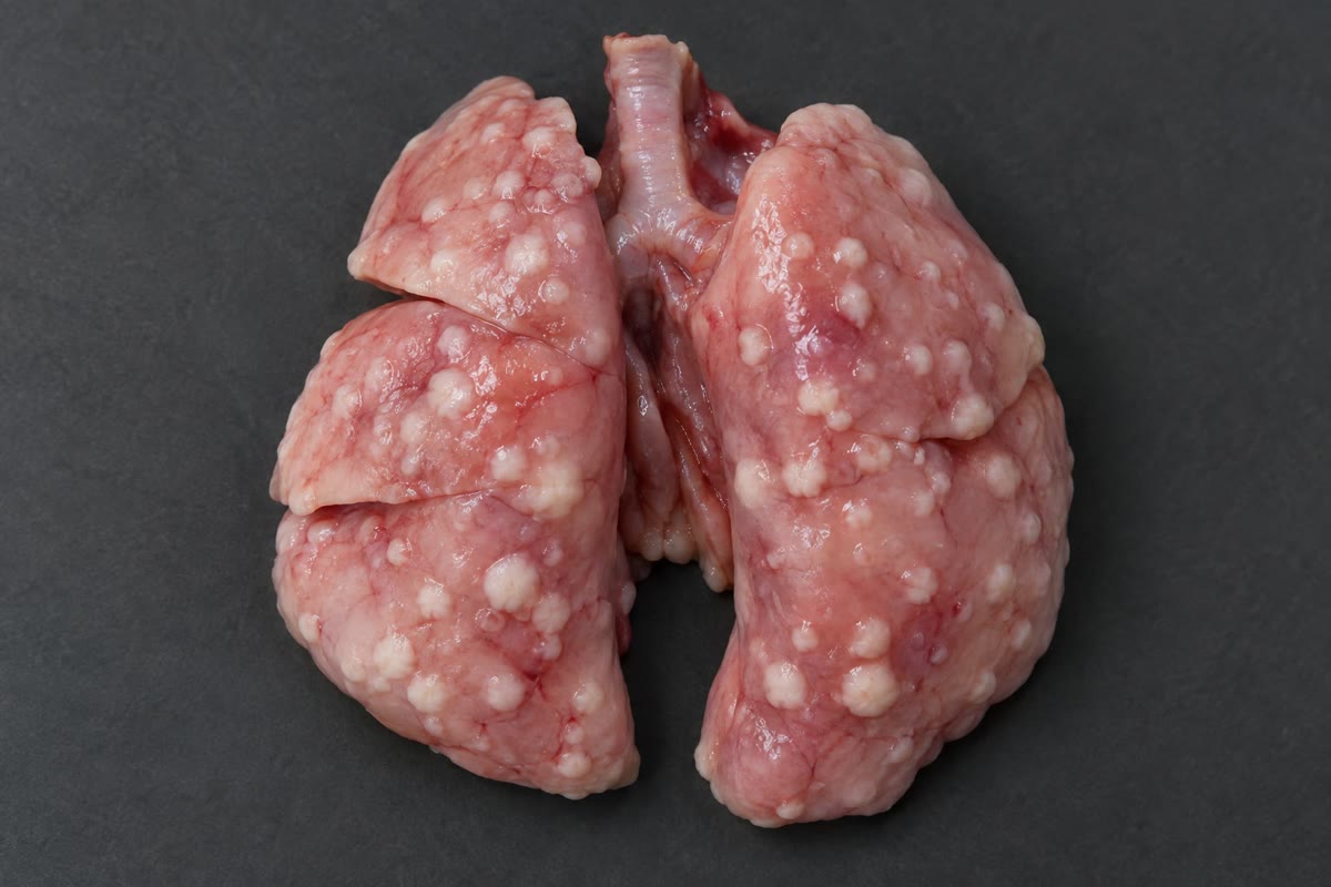 Kiri: sebuah sferoid tumor (hijau) yang merekrut pembuluh baru (merah) dari jejaring tetangganya — yakni angiogenesis di dalam biakan. Kanan: paru-paru mencit yang bertaburan metastasis, dan tiap koloninya didirikan satu sel yang selamat dari perjalanan lewat darahnya.