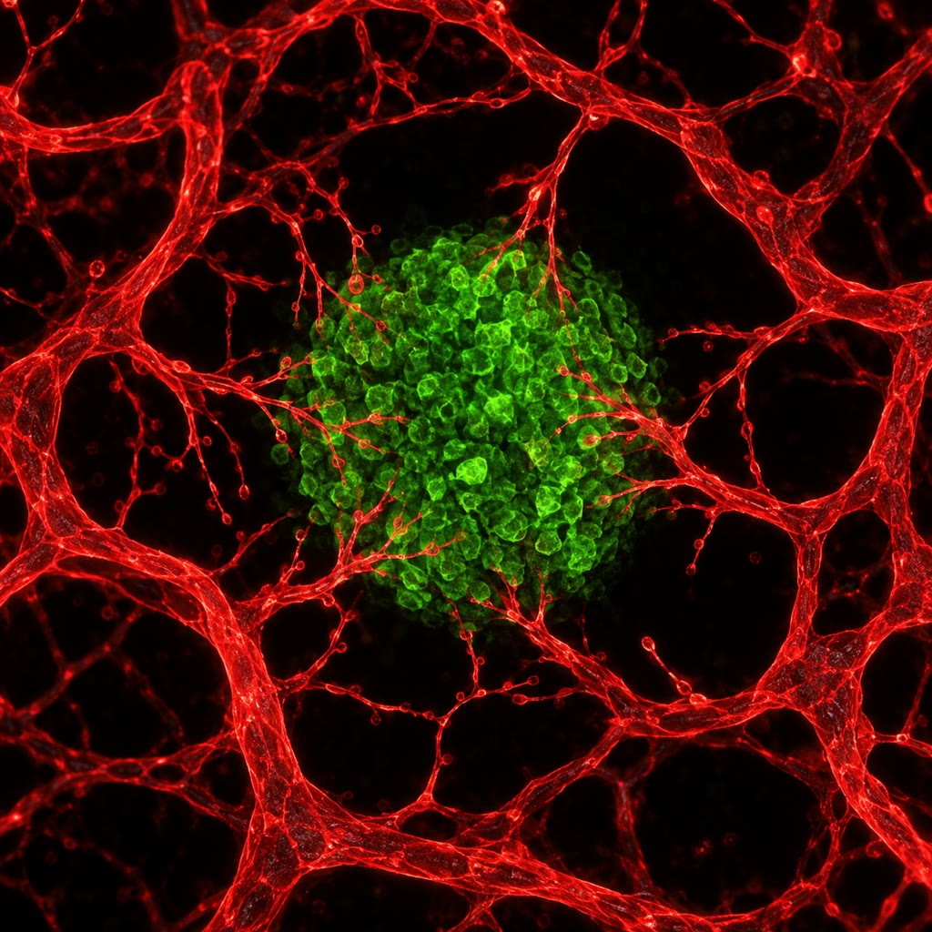 Kiri: sebuah sferoid tumor (hijau) yang merekrut pembuluh baru (merah) dari jejaring tetangganya — yakni angiogenesis di dalam biakan. Kanan: paru-paru mencit yang bertaburan metastasis, dan tiap koloninya didirikan satu sel yang selamat dari perjalanan lewat darahnya.
