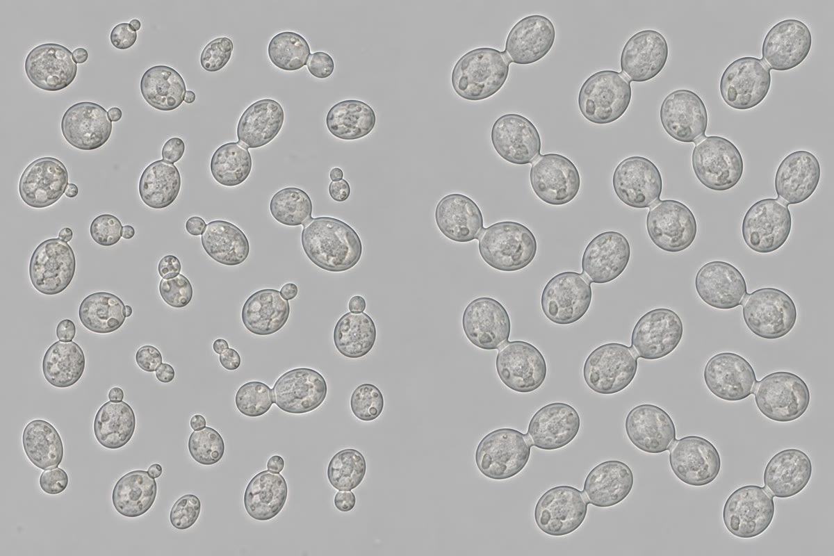 À gauche : une cellule en métaphase — les microtubules du fuseau (vert) issus des deux pôles (rouge), les chromosomes (bleu) alignés sur la plaque, l’instant où le point de contrôle du fuseau décide. À droite : la levure bourgeonnante, type sauvage avec des bourgeons de toutes tailles (à gauche) et un mutant cdc où chaque cellule s’est arrêtée au même stade, chacune avec un bourgeon de même taille (à droite).