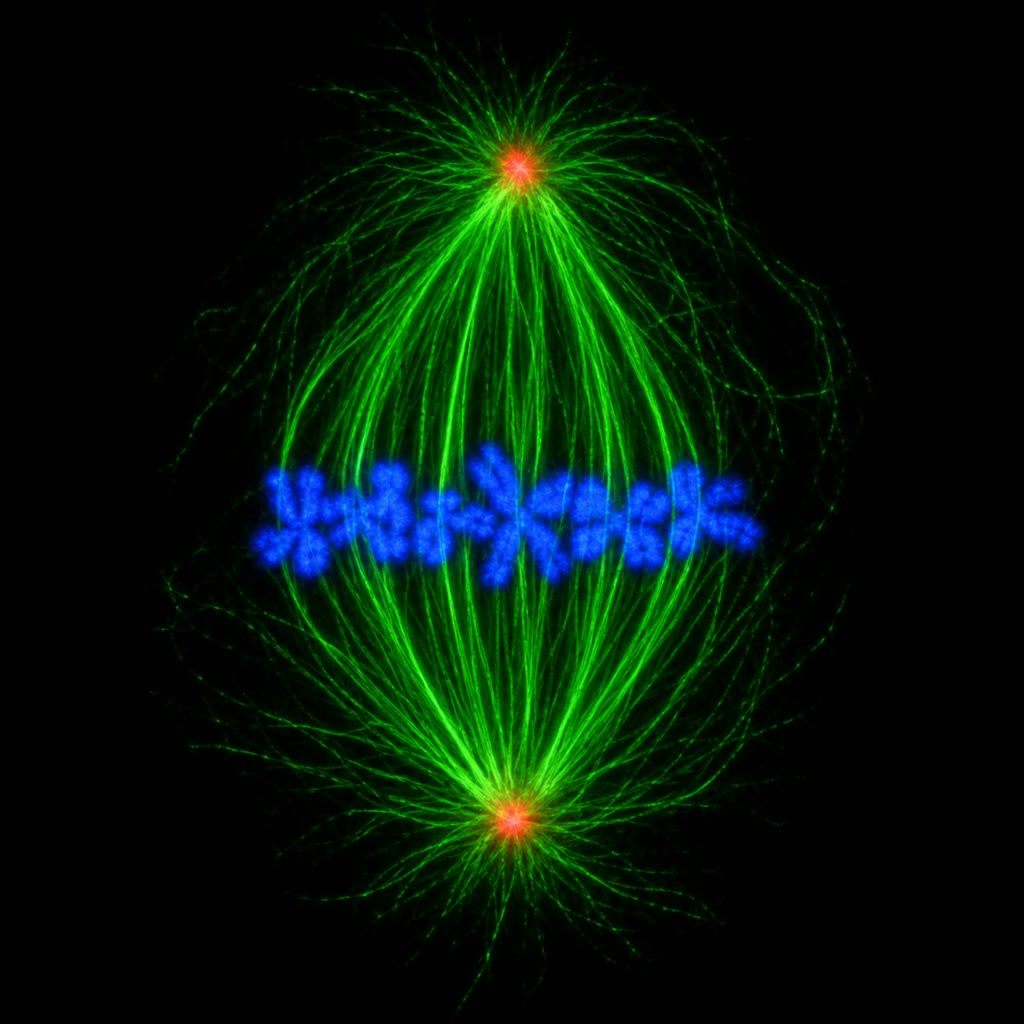 À gauche : une cellule en métaphase — les microtubules du fuseau (vert) issus des deux pôles (rouge), les chromosomes (bleu) alignés sur la plaque, l’instant où le point de contrôle du fuseau décide. À droite : la levure bourgeonnante, type sauvage avec des bourgeons de toutes tailles (à gauche) et un mutant cdc où chaque cellule s’est arrêtée au même stade, chacune avec un bourgeon de même taille (à droite).