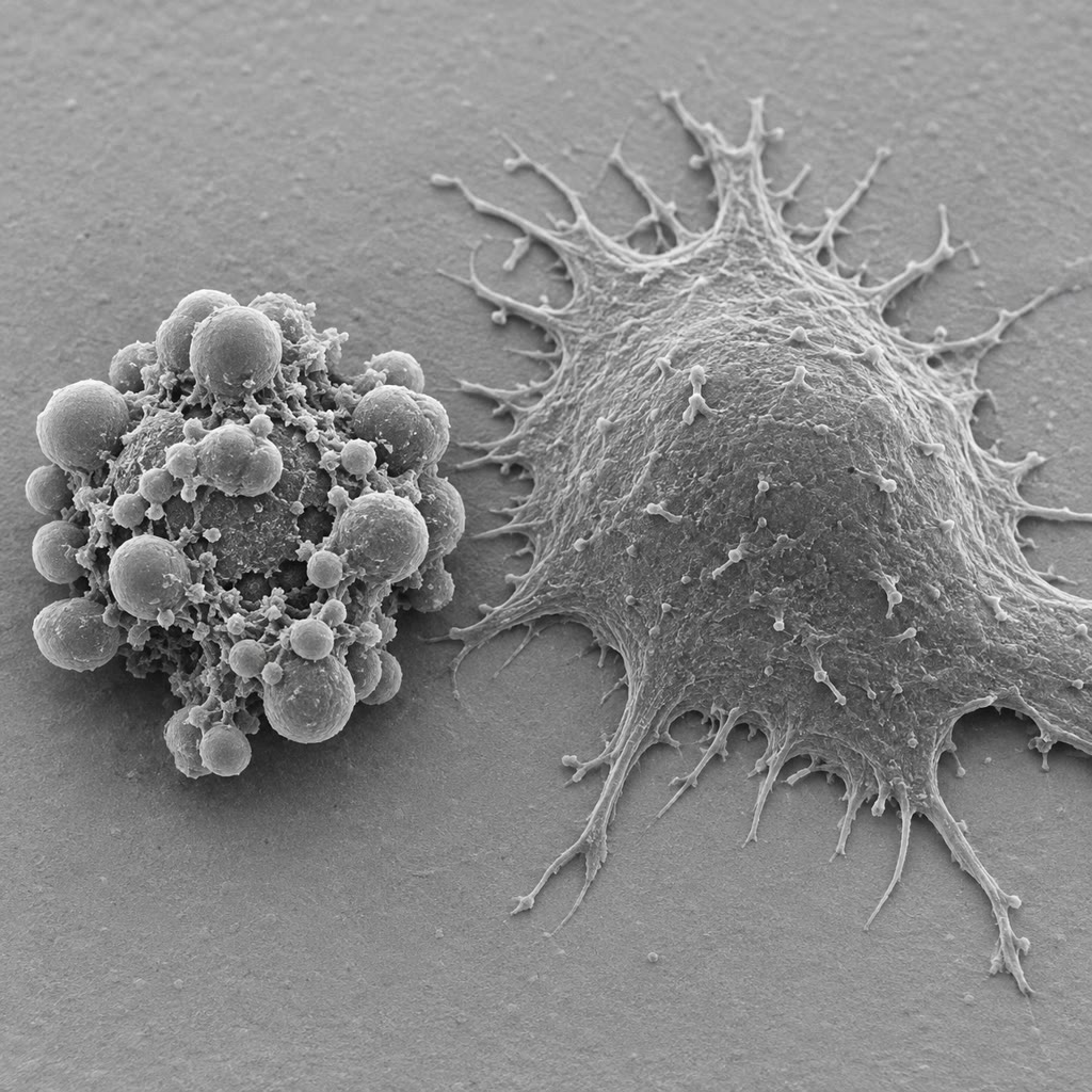 Une cellule apoptotique à côté d’une cellule saine, au microscope électronique à balayage : rétractée, sa surface brisée en bourgeons clos qui seront englobés sans la moindre trace d’inflammation.