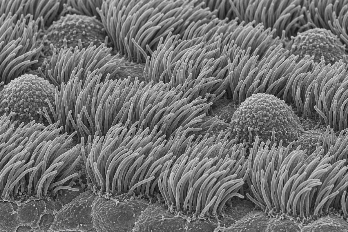 Left: the ciliated epithelium of the trachea in the scanning electron microscope, a lawn of cilia among dome-shaped mucus-secreting cells. Right: the bacterial flagellar motor, a rotary engine of rings in the cell envelope driven by the flow of protons.