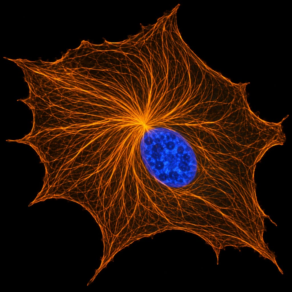 Left: actin (green) in a migrating fibroblast — stress fibres across the body, a dense meshwork at the broad leading edge on the right. Right: microtubules (orange) radiating from the centrosome beside the nucleus (blue) to the cell margin.