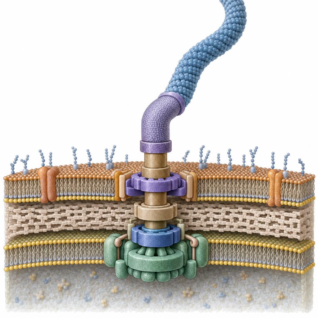 Left: the ciliated epithelium of the trachea in the scanning electron microscope, a lawn of cilia among dome-shaped mucus-secreting cells. Right: the bacterial flagellar motor, a rotary engine of rings in the cell envelope driven by the flow of protons.