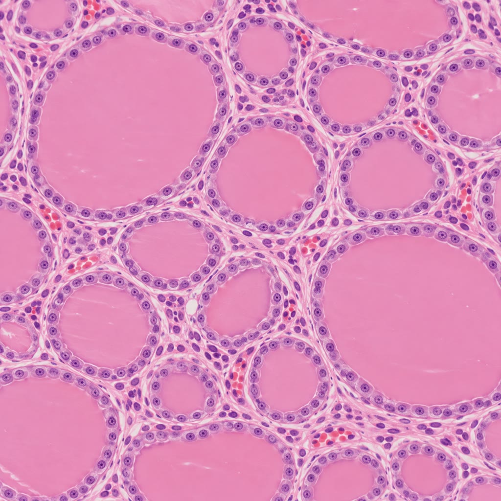 À esquerda: a glândula adrenal em corte — o córtex em suas três zonas (aldosterona na mais externa, cortisol na ampla zona média, androgênios na mais interna) em torno de uma medula de células cromafins secretoras de adrenalina, que é, por origem, um gânglio simpático. À direita: folículos tireoidianos, cada um uma esfera de células em volta de um estoque de coloide com meses de hormônio ligado à tireoglobulina.