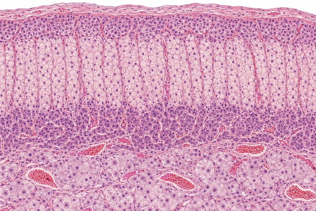 À esquerda: a glândula adrenal em corte — o córtex em suas três zonas (aldosterona na mais externa, cortisol na ampla zona média, androgênios na mais interna) em torno de uma medula de células cromafins secretoras de adrenalina, que é, por origem, um gânglio simpático. À direita: folículos tireoidianos, cada um uma esfera de células em volta de um estoque de coloide com meses de hormônio ligado à tireoglobulina.