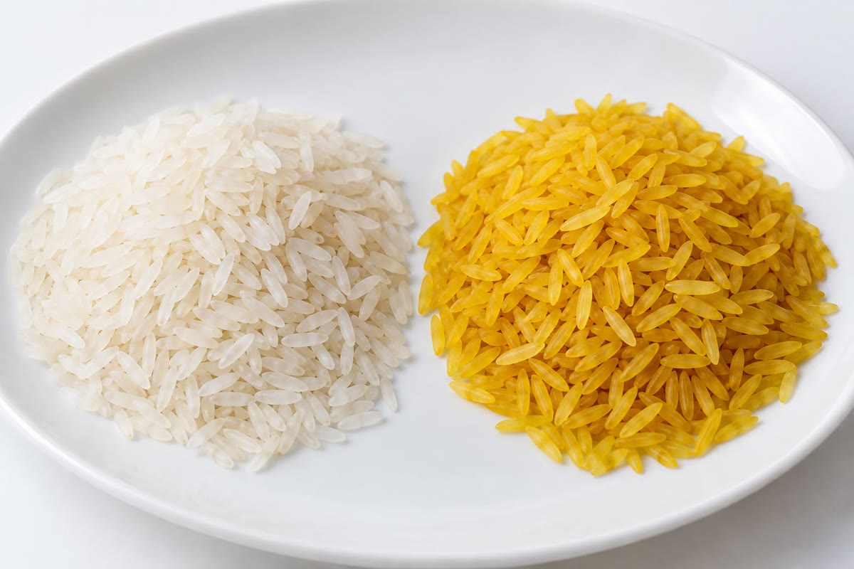 Ordinary and Golden Rice. The yellow grain makes -carotene in its endosperm from two added genes of the carotenoid pathway. Right: the two rices compared at the International Rice Research Institute (IRRI, CC BY 2.0).