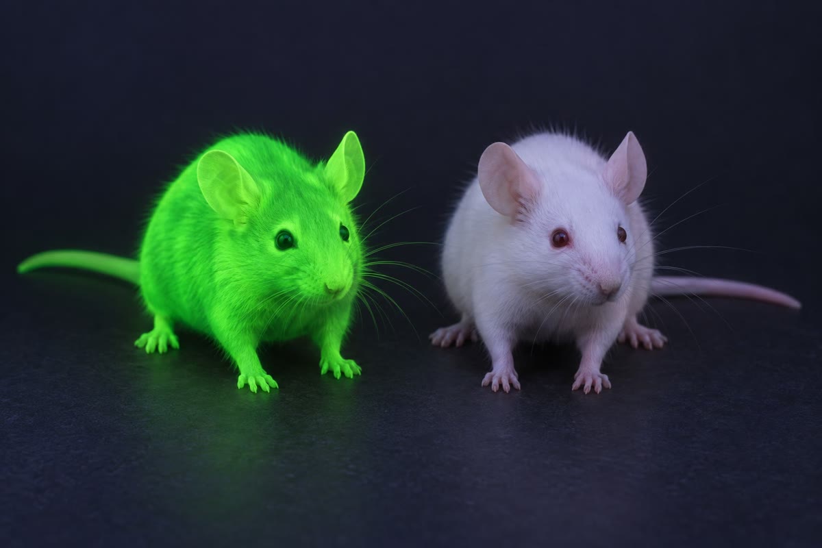 Left: a fertilised mouse egg held by suction while a glass needle injects DNA into one pronucleus. Right: a transgenic mouse expressing the green fluorescent protein of a jellyfish in every cell, beside an ordinary littermate, under ultraviolet light.