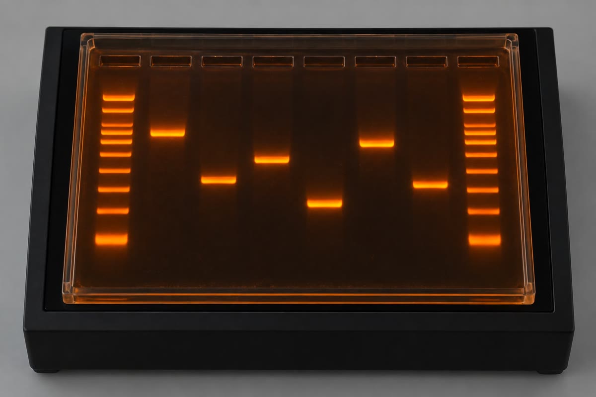 An agarose gel under ultraviolet light: DNA fragments migrate toward the anode at a speed that falls with their length, so each band is a population of molecules of one size, compared with the ladder of known sizes in the outer lanes.