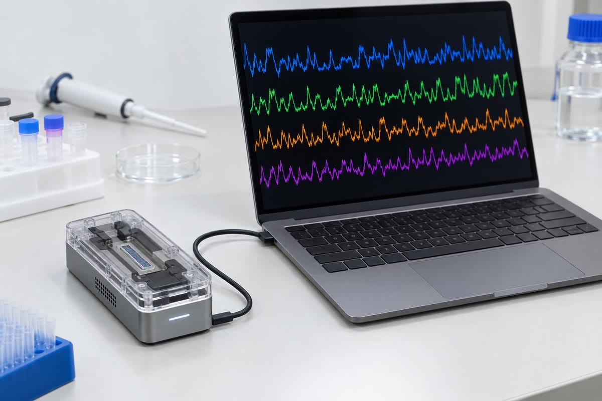 À gauche : une cellule de flux, la lame de verre sur laquelle des milliards d’amas d’ADN sont cultivés et lus une base par cycle. À droite : un séquenceur à nanopores de poche, qui lit des molécules uniques sous forme de variations d’un courant ionique.