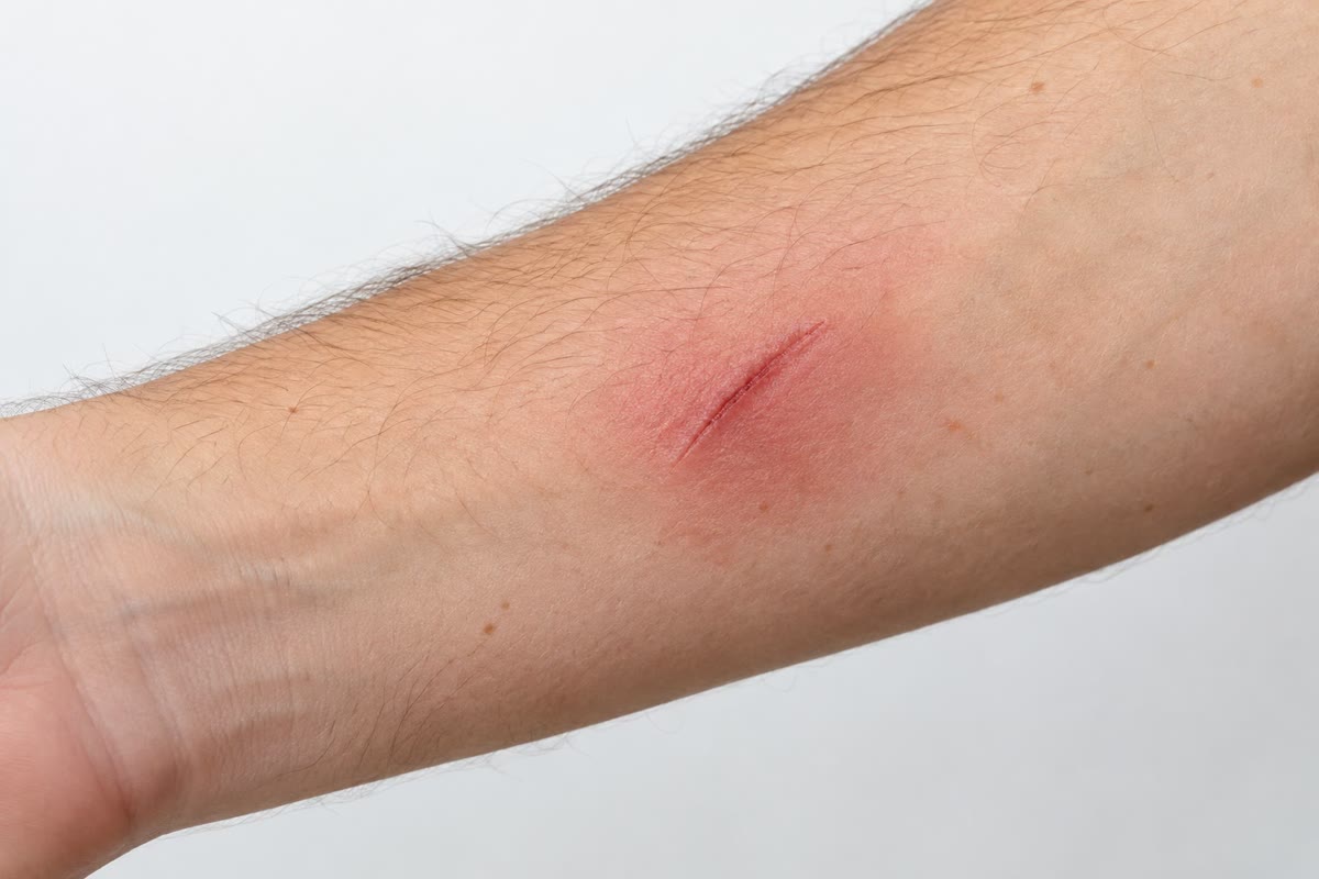 Inflamação aguda em volta de um arranhão de espinho: rubor e calor dos vasos dilatados, inchaço do plasma vazado e a dor que mantém o membro imóvel — a resposta local que, generalizada ao corpo inteiro, é o choque séptico.