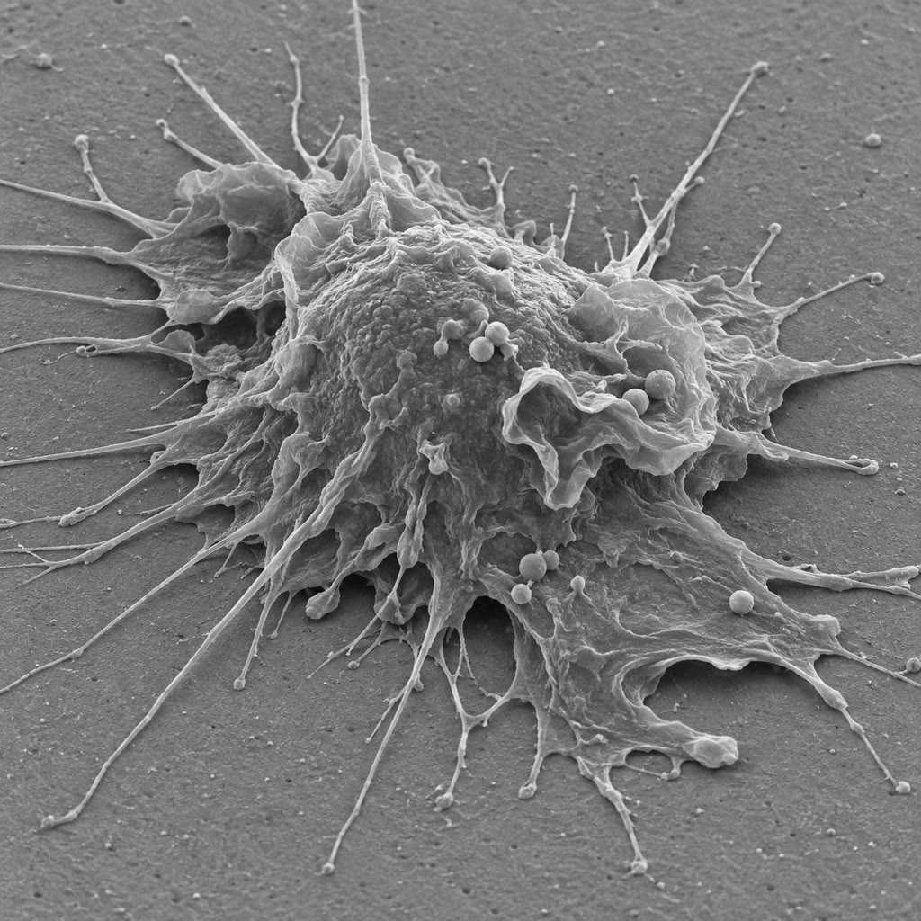 Élie Metchnikoff, que observou fagócitos se juntarem em torno de um espinho numa larva de estrela-do-mar e fundou a imunologia celular (Library of Congress, domínio público). No centro: um neutrófilo englobando bactérias. À direita: um macrófago espalhando suas membranas ondulantes sobre uma superfície.