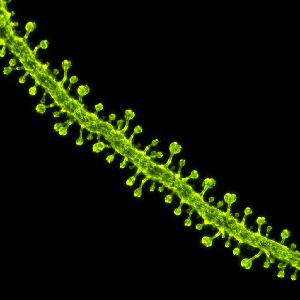 À esquerda: Aplysia californica, cujos neurônios, poucos e grandes, permitem encontrar e registrar a sinapse de uma memória. À direita: um dendrito cravejado de espinhas, cada uma o lado pós-sináptico de uma sinapse excitatória e cada uma um compartimento cujo cálcio decide seu próprio destino.