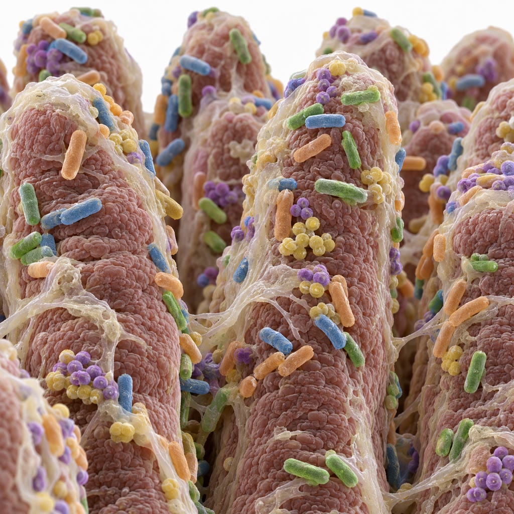 The surface of the intestinal lining in the scanning electron microscope, bacteria of several kinds lodged in the mucus between the villi.