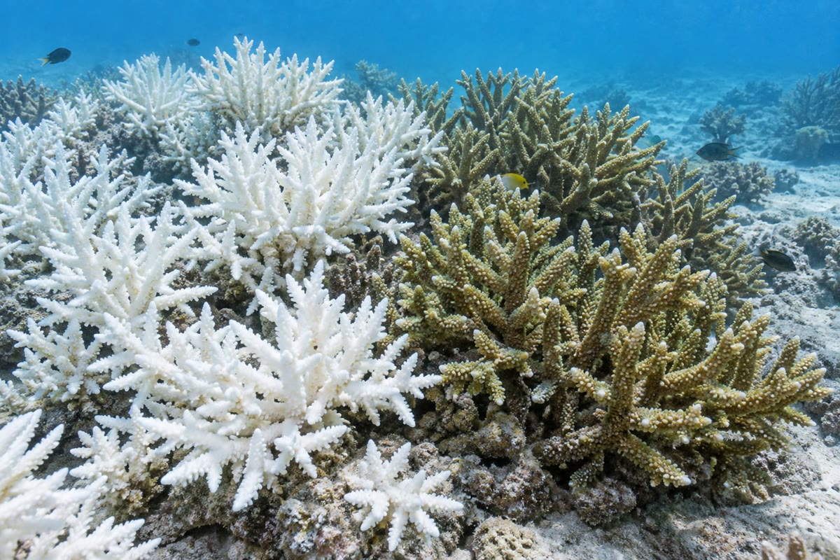 A reef half bleached: the white colonies have expelled their algae after weeks of water too warm; the brown ones still hold theirs. The white coral is alive and starving, and has weeks to be recolonised.