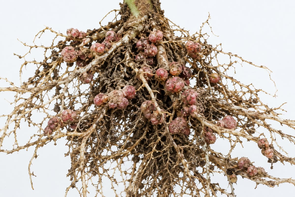 Left: the nodulated roots of a legume, each pink nodule a nitrogen factory of bacteroids fed with sugar. Right: lichens on rock — each a fungus housing a photosynthetic alga or cyanobacterium, together colonising a surface neither could hold alone.