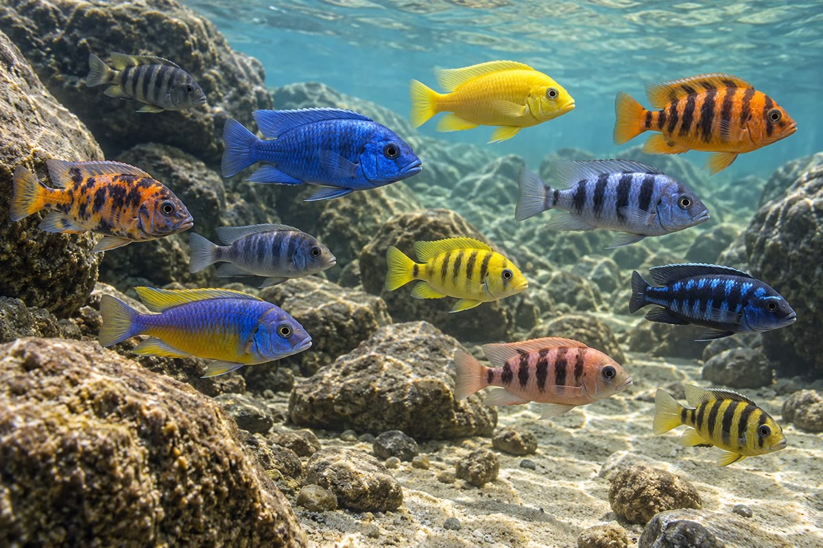 Ikan siklid sebuah danau Afrika: ratusan spesies dalam beberapa ribu tahun, dengan perbedaannya ditarik sebagian besar dari ragam yang sudah diusung nenek moyang bersamanya.