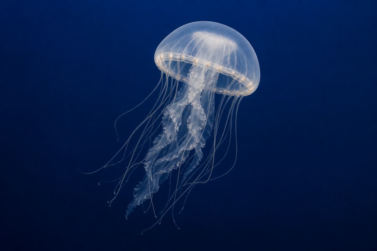 Dua cara menata neuron. Kiri: seekor ubur-ubur, yang jala sarafnya dan cincin tepinya menyelaraskan renangnya tanpa otak. Kanan: seekor gurita, dengan setengah miliar neuron, kebanyakan di dalam lengannya, dan otak terbesar di antara hewan tak bertulang belakang mana pun.