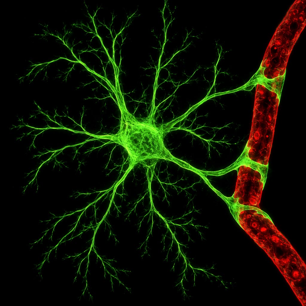 Kiri: sebuah sel Purkinje otak kecil yang digambar Cajal (1899) dari sebuah irisan berpewarna Golgi — seluruh pohon dendrit satu sel, yakni hujah bagi neuron sebagai sebuah satuan (domain publik). Tengah: neuron piramidal korteks dalam sebuah pewarnaan Golgi. Kanan: sebuah astrosit (hijau) dengan kaki ujungnya pada sebuah kapiler (merah).
