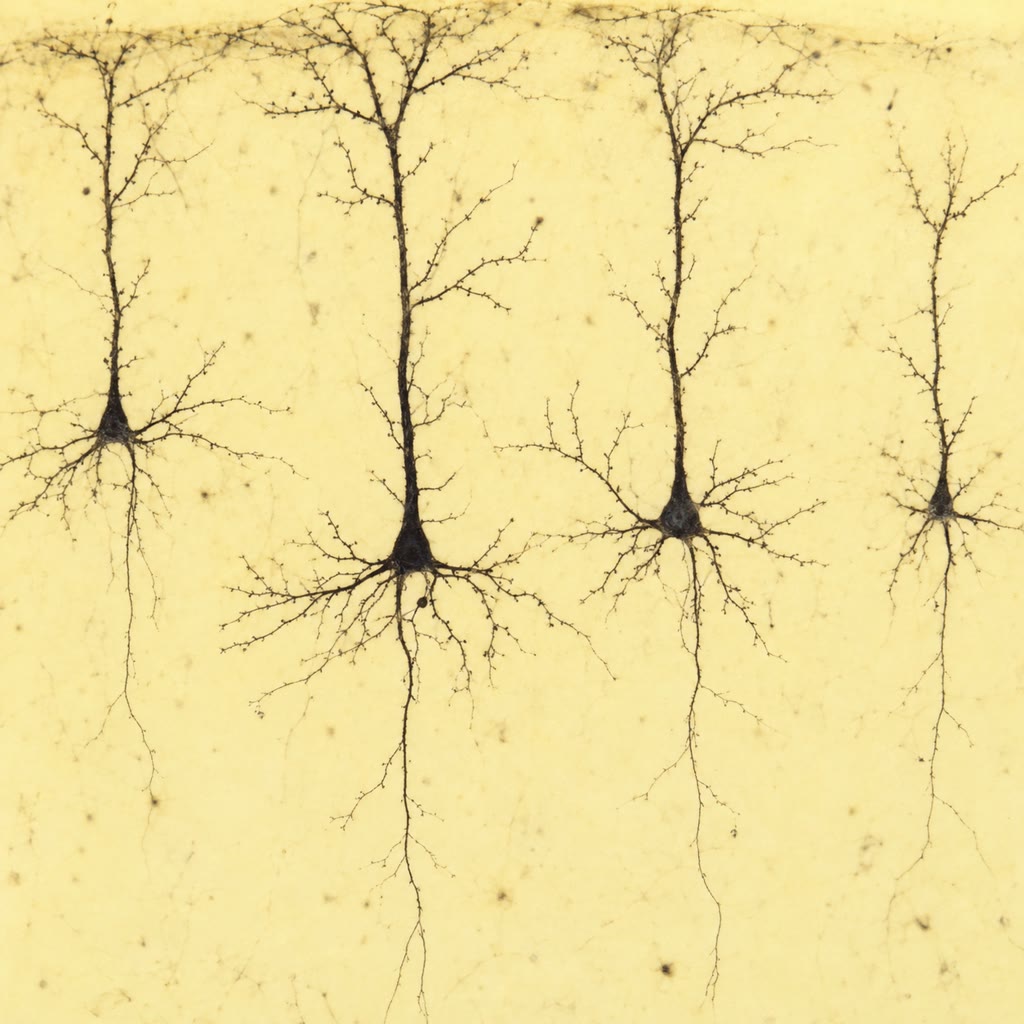 Kiri: sebuah sel Purkinje otak kecil yang digambar Cajal (1899) dari sebuah irisan berpewarna Golgi — seluruh pohon dendrit satu sel, yakni hujah bagi neuron sebagai sebuah satuan (domain publik). Tengah: neuron piramidal korteks dalam sebuah pewarnaan Golgi. Kanan: sebuah astrosit (hijau) dengan kaki ujungnya pada sebuah kapiler (merah).