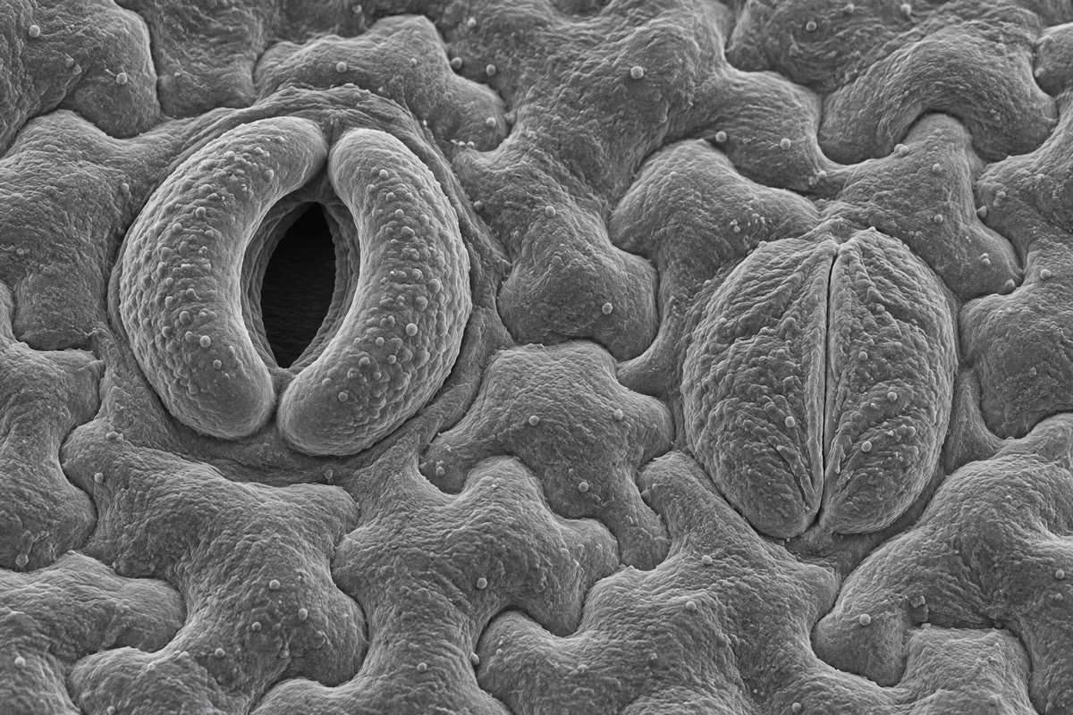 Izquierda: estomas en la superficie de una hoja, cada poro entre sus dos células oclusivas, unos abiertos y otros cerrados. Derecha: Arabidopsis thaliana, una mala hierba de cuneta con un genoma pequeño, una generación de seis semanas y cien mil líneas mutantes, en la que se hallaron casi todas las moléculas de este capítulo.