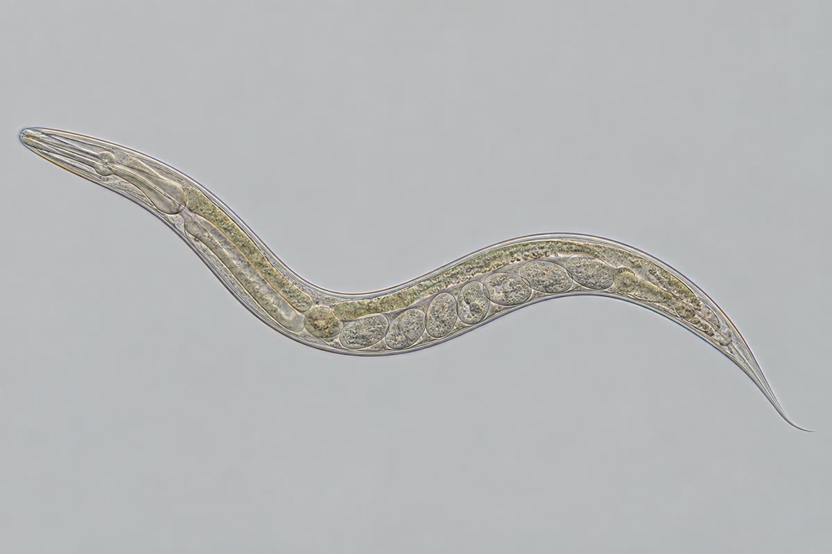 Izquierda: petunias que llevan un gen adicional del pigmento, con los sectores blancos de la cosupresión. Derecha: el nematodo Caenorhabditis elegans, de alrededor de un milímetro y transparente, en el que un ARN de doble hebra inyectado silenció el gen correspondiente en todo el animal y en su descendencia.