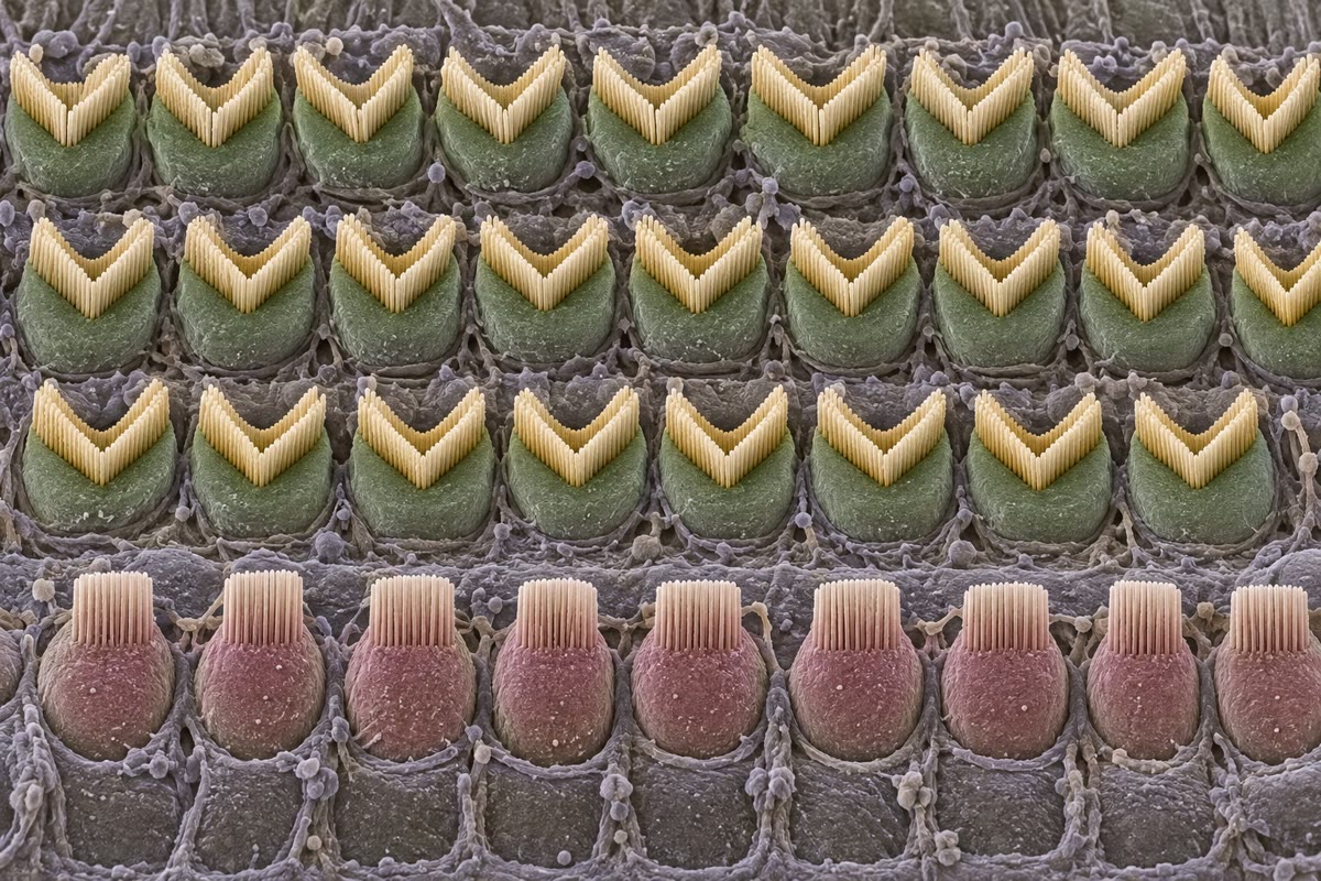 El órgano de Corti visto desde arriba: tres filas de células ciliadas externas con haces en forma de V, y una fila de células ciliadas internas. Los enlaces apicales de cada haz abren los canales; las células externas amplifican, las internas informan.