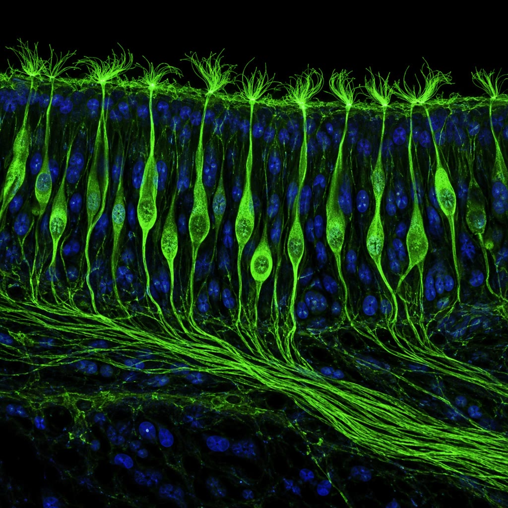 El epitelio olfativo: neuronas sensoriales (verde) con dendritas ciliadas en la superficie, donde se fijan los odorantes, y axones que se agrupan por debajo camino del bulbo. Cada neurona expresa un gen de receptor de los cuatrocientos.