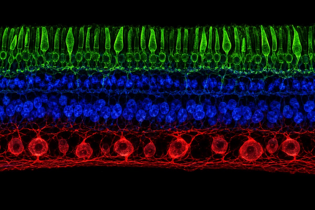 Izquierda: un corte de la retina, con los fotorreceptores (verde) al fondo, luego las células bipolares y horizontales, y luego las células ganglionares (rojo), cuyos axones parten hacia el encéfalo. Derecha: el ojo compuesto de una mosca, con centenares de lentes separadas, cada una con sus propios receptores —una solución distinta al mismo problema.