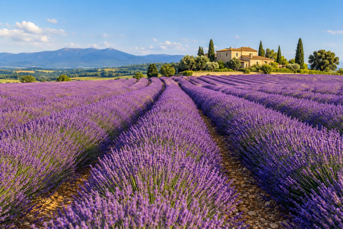 Ladang lavender yang sedang berbunga: bahan baku minyak atsiri lavender.