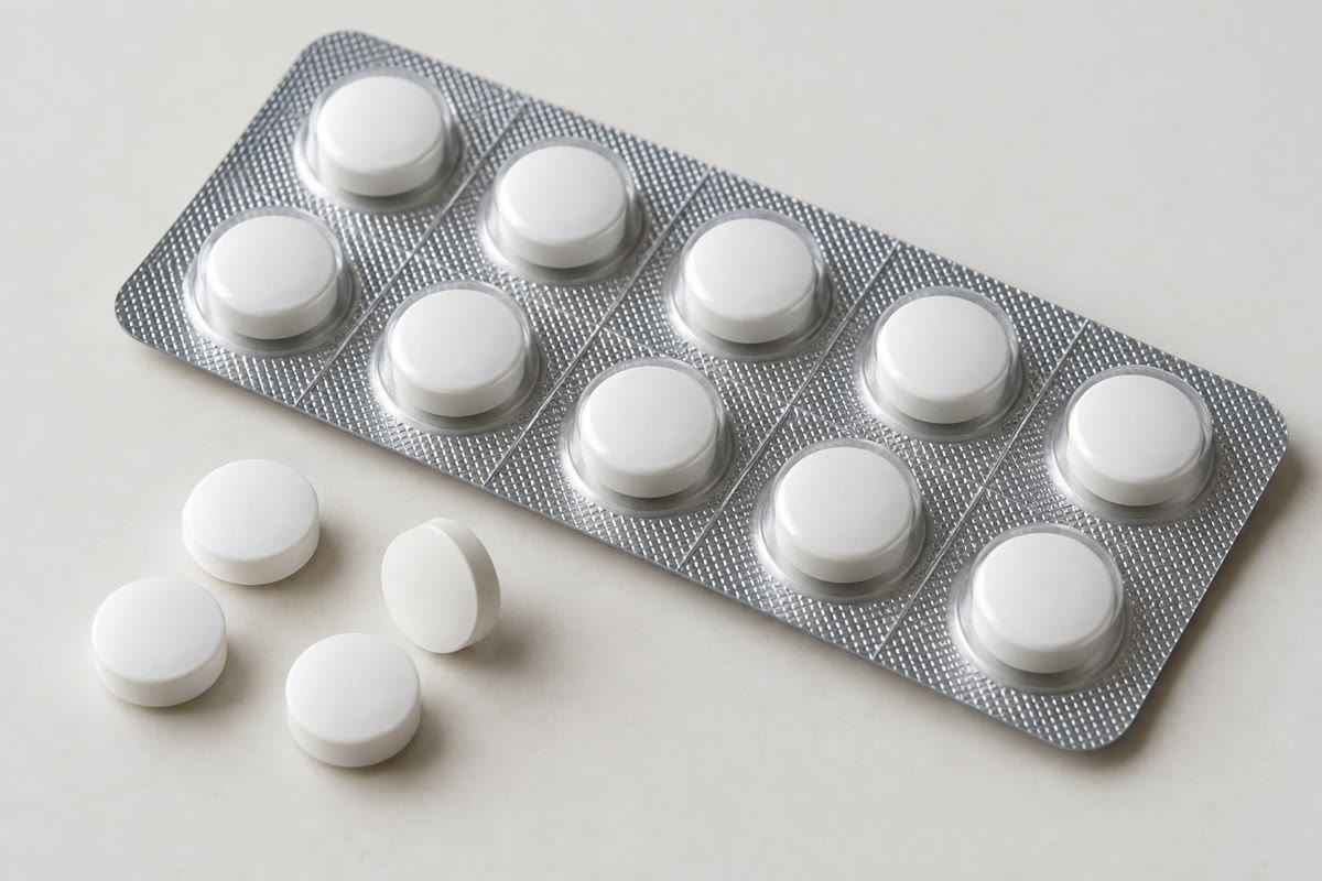 Aspirin tablets: each holds a weighed mass of the pure substance, mixed with a binder.