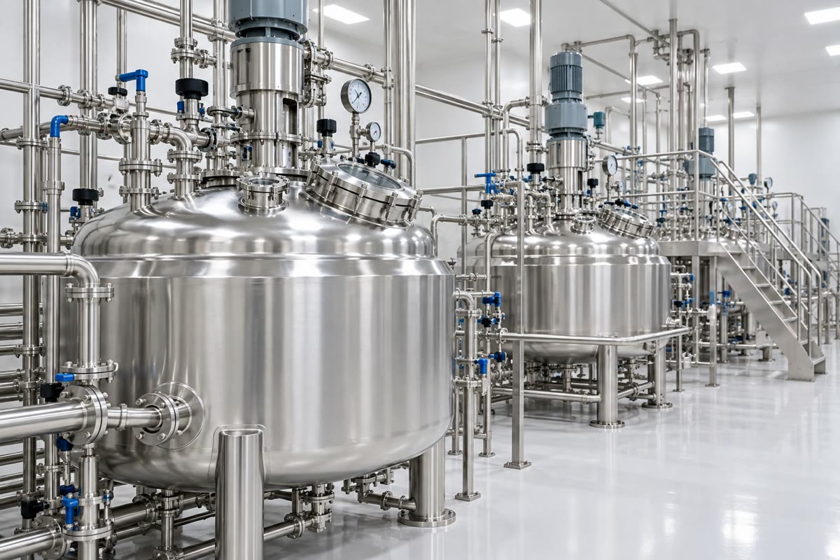 Steel reactors in a pharmaceutical plant: a laboratory synthesis, scaled up a millionfold.