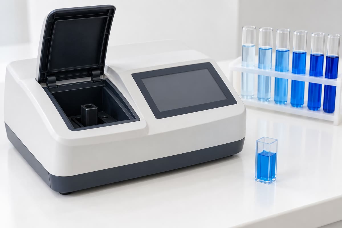 Um espectrofotômetro e as suas cubetas quadradas.