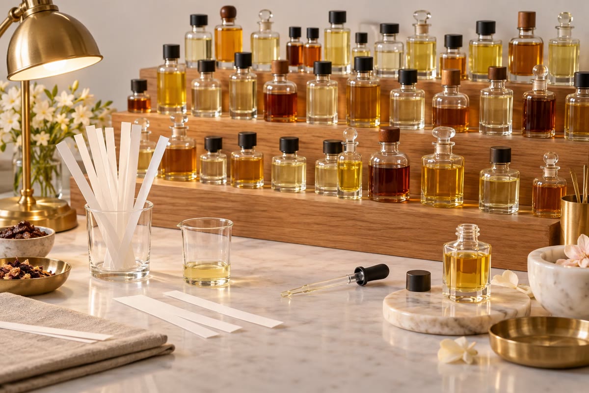 A perfumer’s bench: many of the bottles hold esters, alcohols, aldehydes and ketones.