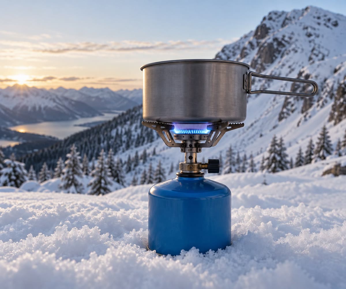 Um fogareiro de camping na neve, queimando um gás feito de carbono e hidrogênio.